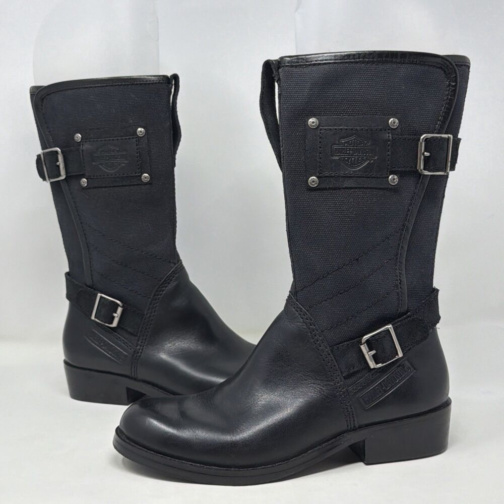 Harley-Davidson 85039 Womens 6 Black Leather Canvas Motorcycle Biker Boots